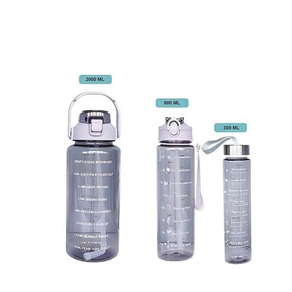 Set of 3 Transparent Water Bottle 2000ML, 900ML, 300ML with Motivational Time Marker | Leak Proof&Break-Proof (SET OF 3)